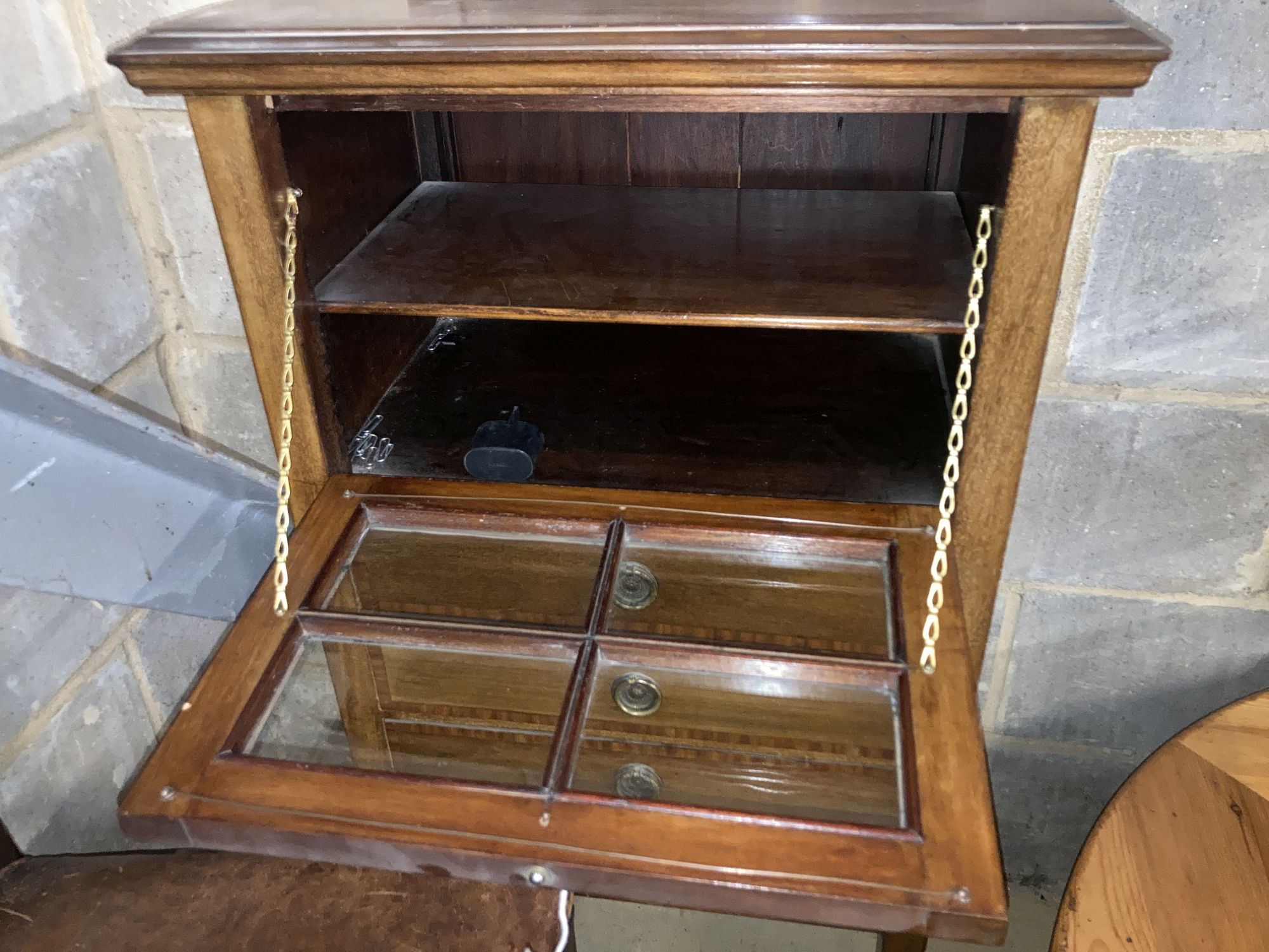 An Edwardian satinwood banded mahogany music cabinet, width 53cm depth 37cm height 108cm